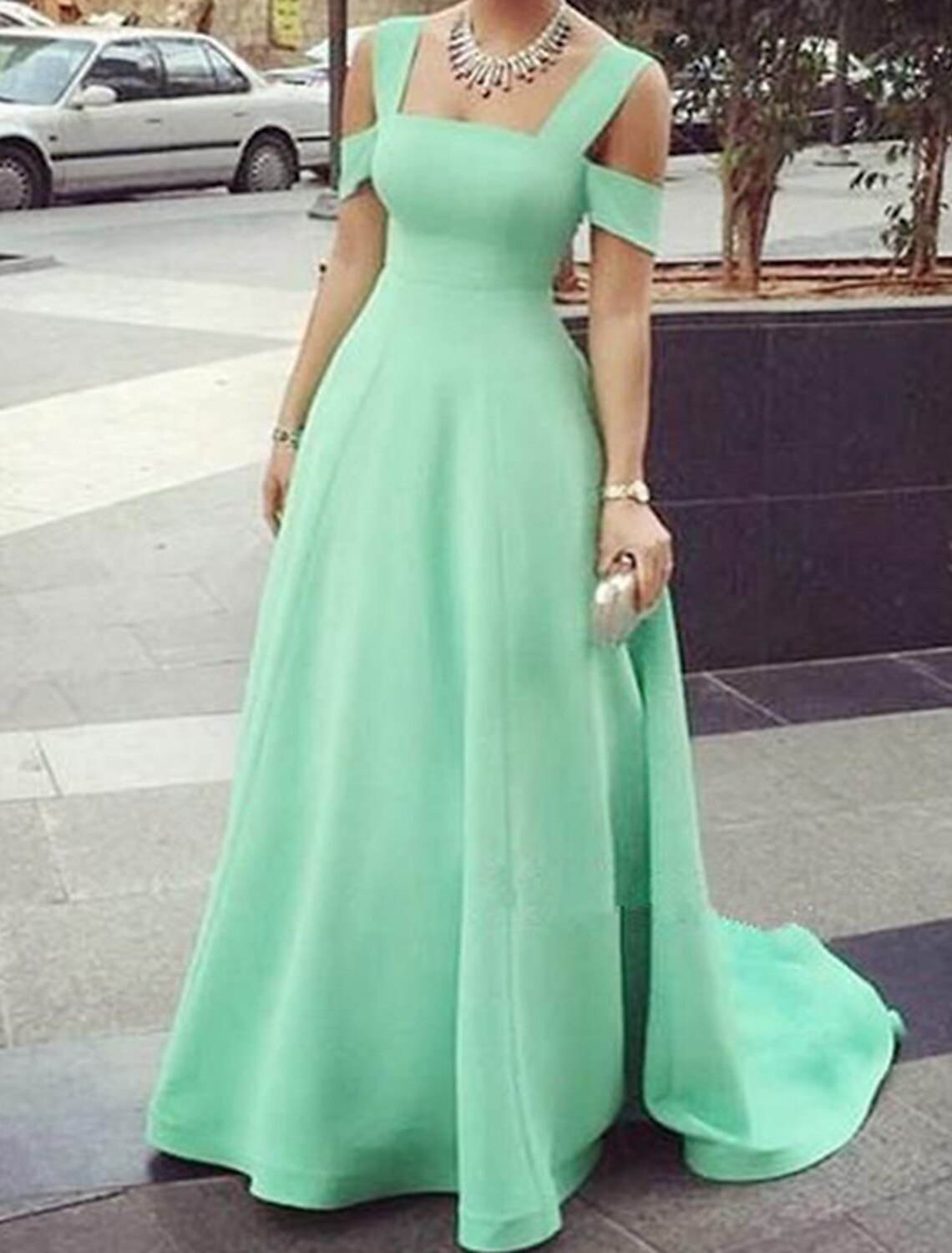 A-Line Evening Gown Minimalist Dress Wedding Guest Prom Sweep / Brush Train Short Sleeve Strapless  Fabric with Pocket